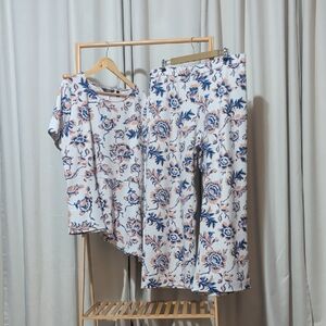 Floral Two-Piece Top & Wide-Leg Pants Set - Blue & Peach on White